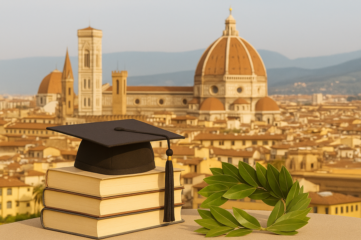 Graduation cap and books overlooking Florence, Italy